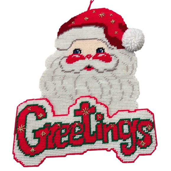 Other - Vintage Santa Claus Greetings Plastic Needlepoint Wall Hanging Christmas Holiday